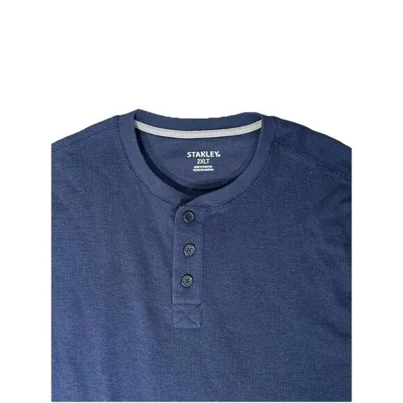 Stanley Thermal Shirt Mens 2XLT Blue Henley Pullover Waffle Long Sleeve Workwear - Picture 2 of 5